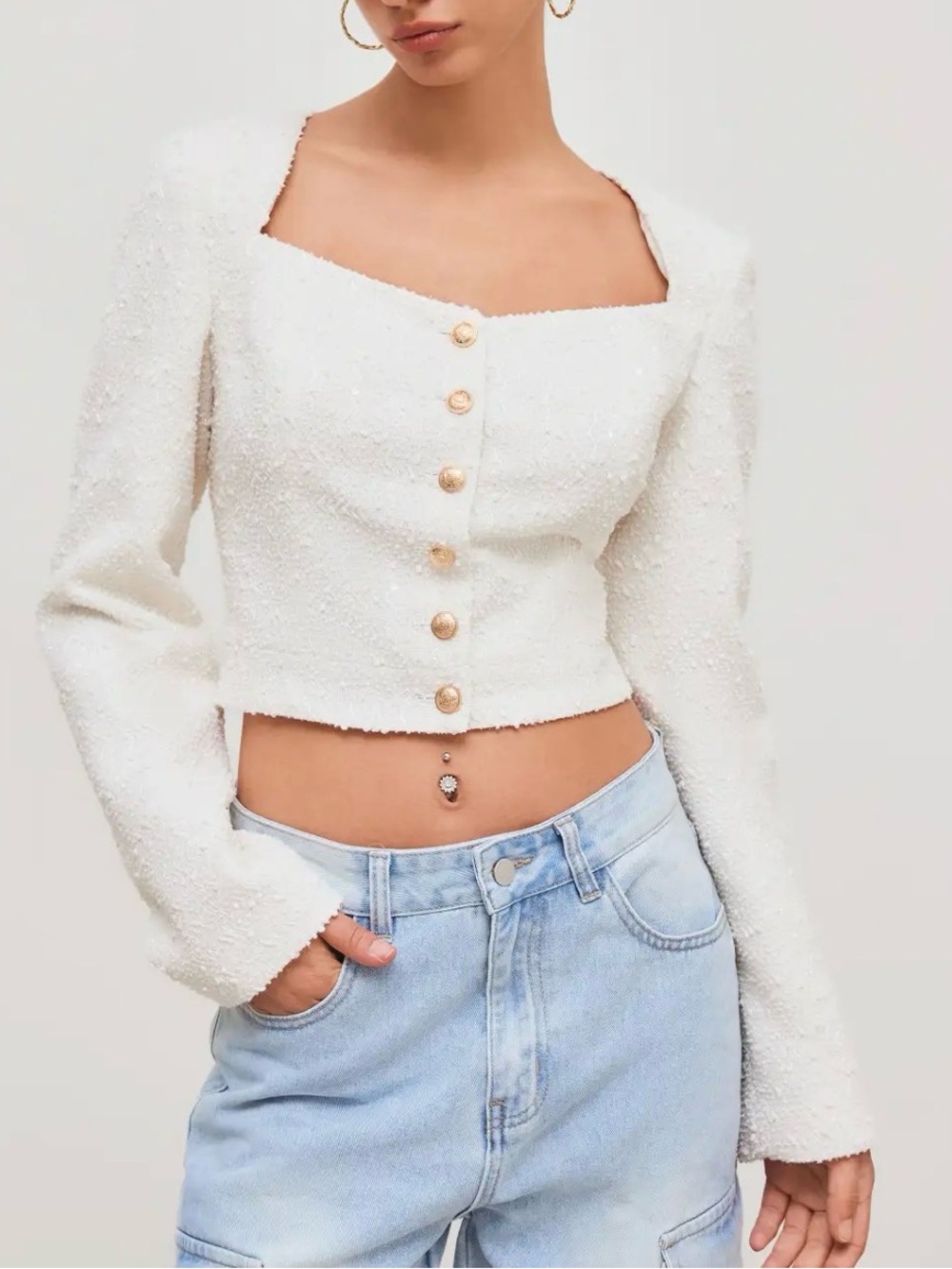 Cider White Textured Square-Neck Cropped Button Top
